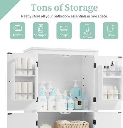 Tall Storage Cabinet, Bathroom Floor Freestanding Storage Cabinet with 2 Double-Door and Adjustable Shelves for Bathroom, Office, Living Room, White