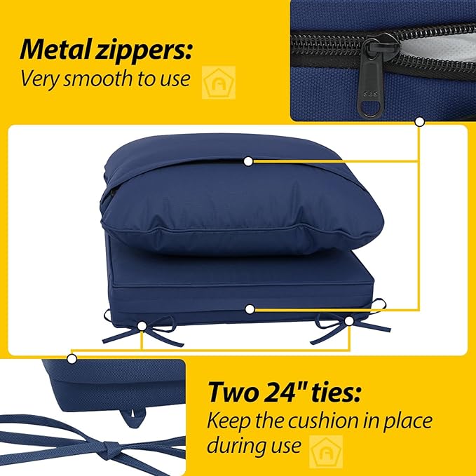 AAAAAcessories Outdoor Deep Seat Cushions, Waterproof, Fade-Resistant Patio Furniture Replacement Cushions, 25.5" x 25.5" x 5" + 25.5" x 19", Navy Blue