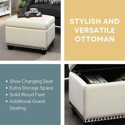 Convenience Concepts Designs4Comfort 5th Avenue Upholstered Storage Ottoman 24" - Contemporary Foot Stool and Seat with Hinged Lid for Living Room, Dining Room, Office, Den, Blue Faux Leather