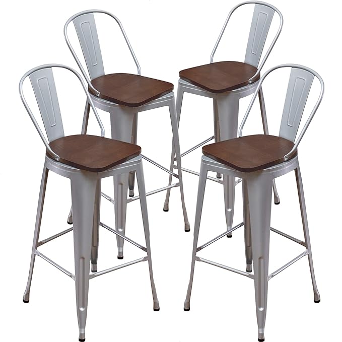 Aklaus Swivel Metal Bar Stools Set of 4 Counter Bar Stools with Back Counter Height Stools Swivel Metal Bar Chairs Wooded Seat 30 Inch Silver