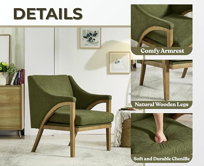 EALSON Modern Accent Chair Comfy Living Room Chair with Wooden Frame and Armrest Mid Century Upholstered Fabric Reading Lounge Armchair for Living Room/Bedroom/Reading/Balcony, Chenille Green