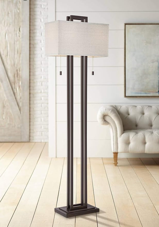 Possini Euro Design Modern Standing Floor Lamp 62" Tall Bronze Brown Openwork Frame 2-Light Oatmeal Linen Fabric Rectangular Shade Decor for Living Room Reading House Bedroom Home Office House