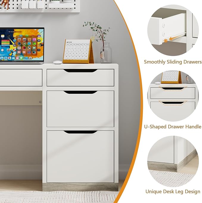 52 Inch White Desk with 4 Drawers, Computer Desk with Storage for Small Spaces with Storage File Cabinet, Small Home Office Desk with Drawers for Bedroom