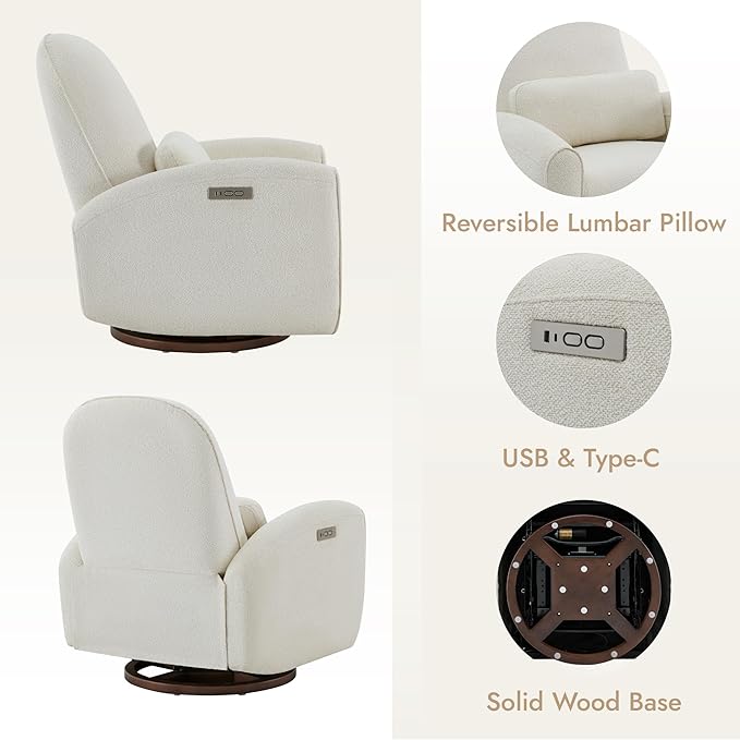 Watson & Whitely Power Recliner Chairs, Swivel Nursery Recliner Glider with Pillow Lumbar Support & Solid Wood Base for Living Room, Cream