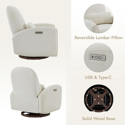 Watson & Whitely Power Recliner Chairs, Swivel Nursery Recliner Glider with Pillow Lumbar Support & Solid Wood Base for Living Room, Cream