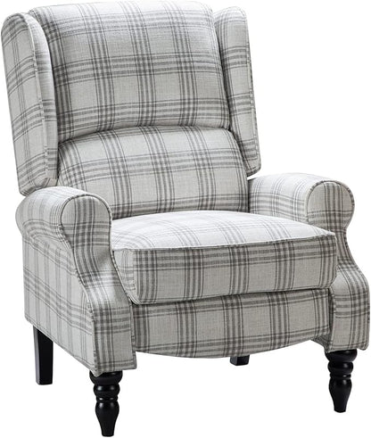 HULALA HOME Upholstered Wingback Recliner Chair, Small Adjustable Footrest Push Back Single Reclining Sofa, Mid Century Modern Lounge Armchair for Living Room, Bedroom, Reading/Plaid Grey