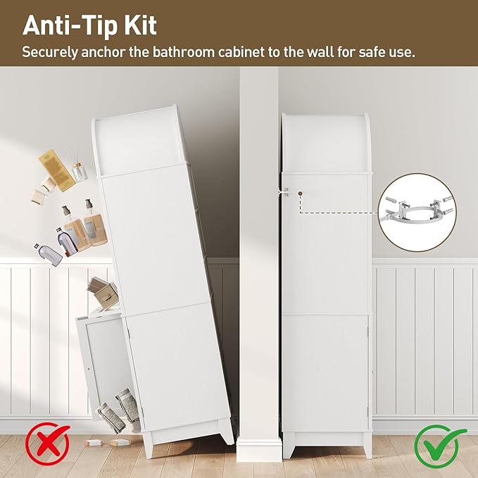 66" Tall Bathroom Storage Cabinet with Flip Drawer, Freestanding Storage Cabinet with Doors & Shelves,Arched Cabinets for Bathroom, Living Room, Kitchen, Laundry, White