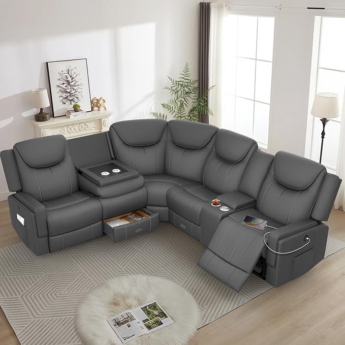 Home Theater Seating, Manual Recliner Sectional Sofa for Living Room, 5 Seater Reclining Sectional Couch with Flip-Up Backrest, Storage Console, USB Ports, L-Shaped Sofa PU Leather Gray