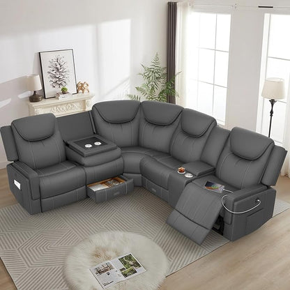 Home Theater Seating, Manual Recliner Sectional Sofa for Living Room, 5 Seater Reclining Sectional Couch with Flip-Up Backrest, Storage Console, USB Ports, L-Shaped Sofa PU Leather Gray
