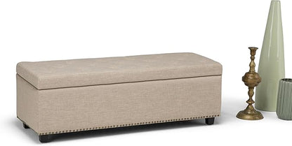 SIMPLIHOME Hamilton 48 inch Wide Transitional Rectangle Storage Ottoman in Natural Linen Look Fabric, Assembled, For the Living Room, Entryway and Family Room