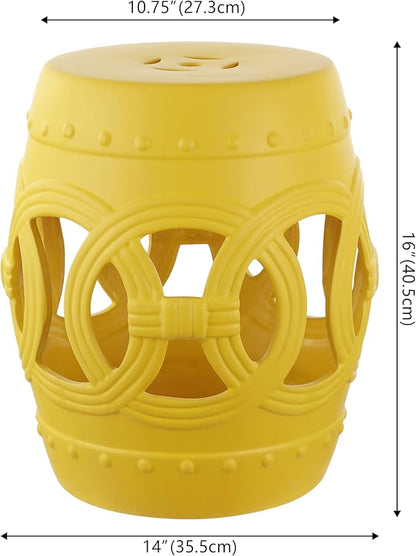 JONATHAN Y TBL1022E Lucky Coins 16" Chinese Ceramic Drum Indoor/Outdoor Garden Stool Bohemian, Coastal, Cottage, French Country, Traditional, for Living Room, Garden Room, Patio, Matte Yellow