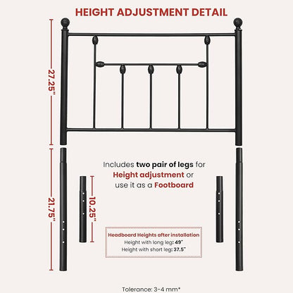 Victorian Twin Size Metal Bed Frame Height Adjustable Headboard Only, Wrought Iron Black Farmhouse Bed Frame Headboard, Easy Assembly, Short Clearance, Tall or Low Setting