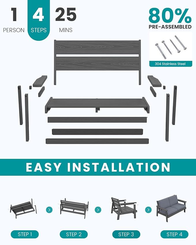 SERWALL 4 Piece HDPE Outdoor Furniture Set, All Weather Wood-Like Outdoor Sofa Sectional Couch, Grey Patio Furniture Set with Grey Cushions
