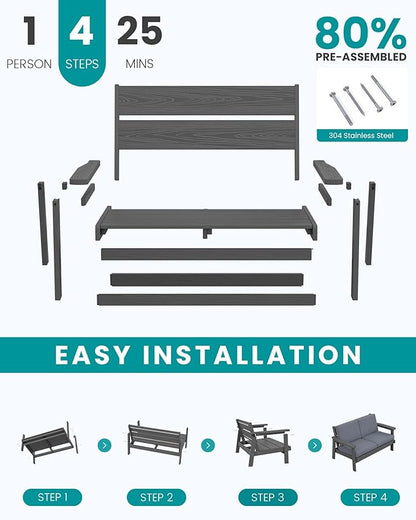 SERWALL 4 Piece HDPE Outdoor Furniture Set, All Weather Wood-Like Outdoor Sofa Sectional Couch, Grey Patio Furniture Set with Grey Cushions
