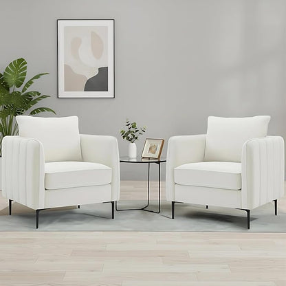 Velvet Accent Chair, Comfy Upholstered Single Sofa Chair Mid-Century Modern Armchair with Thick Cushion and Wood Frame Side Chair for Living Room Bedroom Apartment (Ivory)