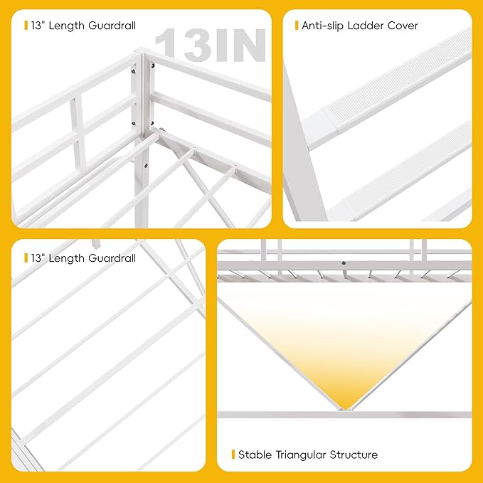 Loft Bed Twin,Loft Bed with Built-in Power Outlet LED Lights,Clothing Hanger Space Saving,Storage Pouch,Heavy Duty Metal Safety Guard Rail for Kids Teens Adults,No Box Spring Needed,White