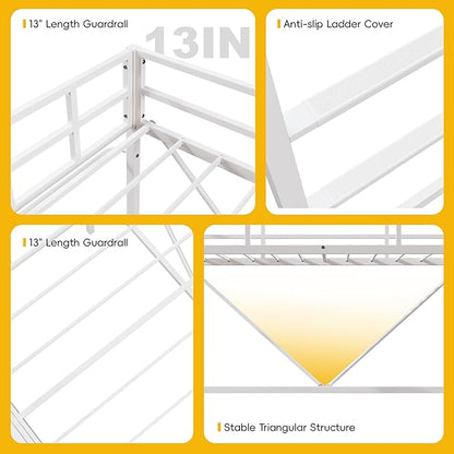 Loft Bed Twin,Loft Bed with Built-in Power Outlet LED Lights,Clothing Hanger Space Saving,Storage Pouch,Heavy Duty Metal Safety Guard Rail for Kids Teens Adults,No Box Spring Needed,White
