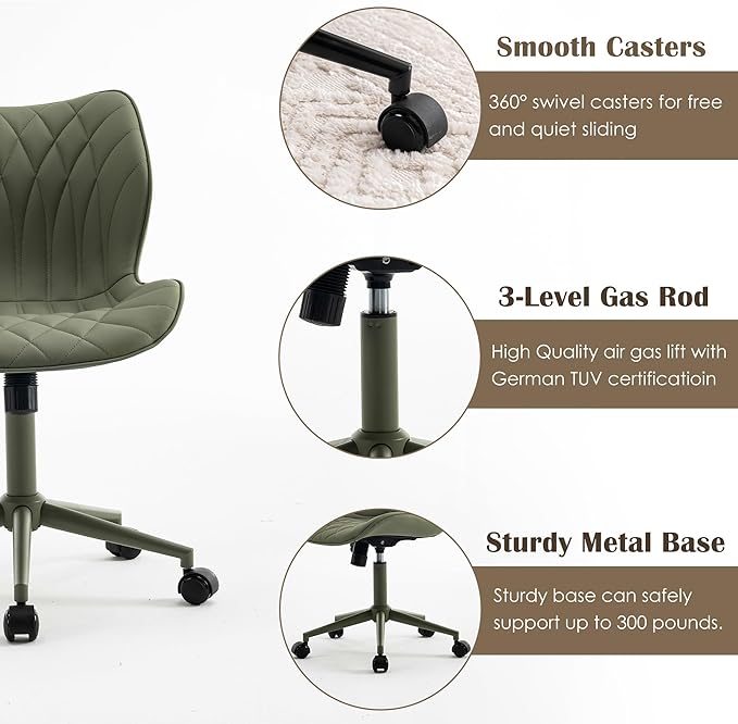 YOUNUOKE Armless Desk Chair Comfy Office Chair with Wheels Home Ergonomic Task Chair Adjustable Computer Chairs Modern Faux Leather Swivel Chair Upholstered Makeup Vanity Chair with Back(Olive Green)