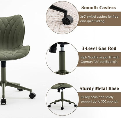 YOUNUOKE Armless Desk Chair Comfy Office Chair with Wheels Home Ergonomic Task Chair Adjustable Computer Chairs Modern Faux Leather Swivel Chair Upholstered Makeup Vanity Chair with Back(Olive Green)