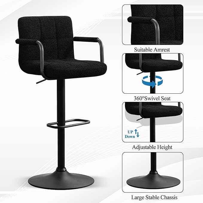Furniliving Swivel Bar Stools Set of 4, Adjustable Kitchen Counter Height BarStools with Arms, Sherp Upholstered Bar Chair with Back and Footrest for Dining Room, Kitchen, Pub, Bar (Black)