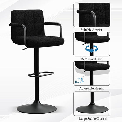Furniliving Swivel Bar Stools Set of 4, Adjustable Kitchen Counter Height BarStools with Arms, Sherp Upholstered Bar Chair with Back and Footrest for Dining Room, Kitchen, Pub, Bar (Black)