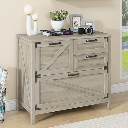 Lateral File Cabinet with 4 Drawers, Farmhouse File Cabinet for Letter/Legal/A4 Size Hanging Files, Large Wood File Storage Cabinets Printer Stand for Home Office Cabinets, Rustic Grey