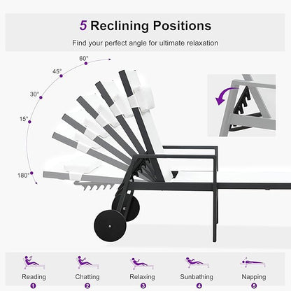 PURPLE LEAF Patio Lounge Chair Set of 3 Outdoor Chaise Lounger Aluminum Frame with Armrest Side Table and Wheels for Pool Outside Sunbathing Tanning Recliner Including Pillows White