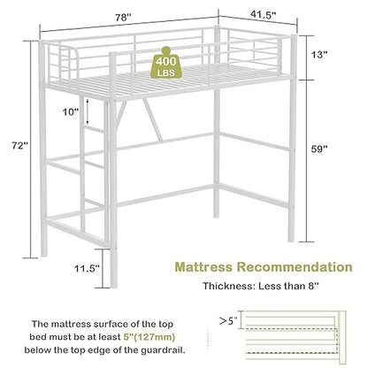 VECELO Metal Loft Bed Twin Size, Heavy Duty Bedframe with Removable Ladder and Safety Guardrail, Space-Saving, Noise Free, No Box Spring Needed, White