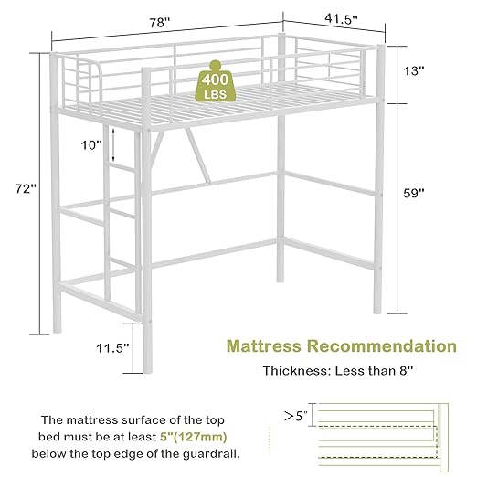 VECELO Metal Loft Bed Twin Size, Heavy Duty Bedframe with Removable Ladder and Safety Guardrail, Space-Saving, Noise Free, No Box Spring Needed, Off White