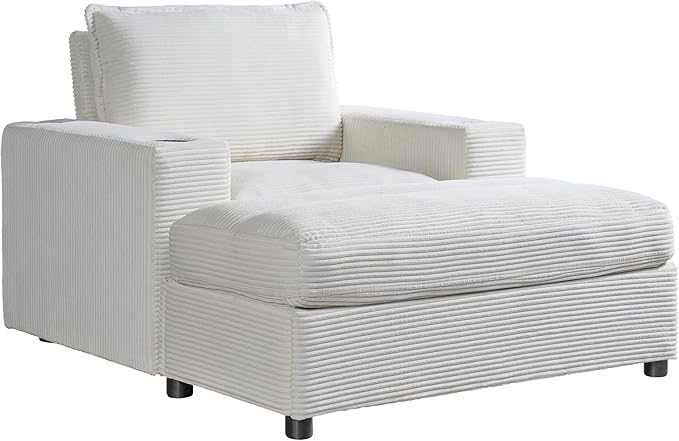 Christopher Knight Home Zoe Oversized Chaise Lounge Chair Indoor with Cup Holders & USB Charging Port, Corduroy Upholstered Sofa Bed + Ottoman with Storage, Comfy Deep Seat Sleeper Sofa Chair, Beige