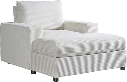Christopher Knight Home Zoe Oversized Chaise Lounge Chair Indoor with Cup Holders & USB Charging Port, Corduroy Upholstered Sofa Bed + Ottoman with Storage, Comfy Deep Seat Sleeper Sofa Chair, Beige