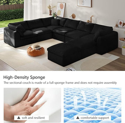 Boneless Cloud Couch Modular Sectional Sofa with Deep Seat for Living Room, L Shape Couch with Ottoman, Snowflake Cloth and 40D Memory Sponge，2 Throw Pillows (Black, 6 Seater+2 Ottoman)