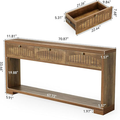 LITTLE TREE 70.8-Inch Long Console Table with 3 Drawers, Farmhouse Narrow Entryway Table for Hallway, Entry, Behind Couch, Sofa, Entrance, Living Room, Foyer with Open Shelves Rustic Brown