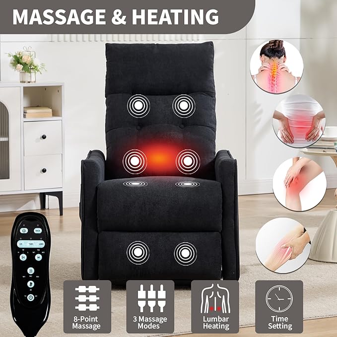 PELUMY Manual Lift Recliner Chair with Massage and Heat for Elderly, Single Motor Electric Lift Chair, Heavy Duty Recliner with USB Charging & Side Pockets (Chenille, Black)