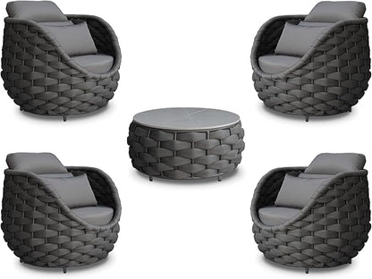 Front Porch Furniture 5 Piece Set: Aluminum Woven Rope Patio Conversation Sofa Set - Assembled Accent Chair Cushioned - Outdoor Armchair Couch Set for 400 lbs Deck Backyard Poolside Garden Hotel