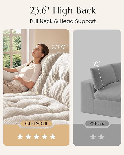 High Back Boneless Couch, Oversized Cloud Couch with Versatile 2-Pack Pillow Blankets, Corduroy Modular Sectional Sofa with Ottoman, No Assemble Sectional Couches for Living Room, Warm White