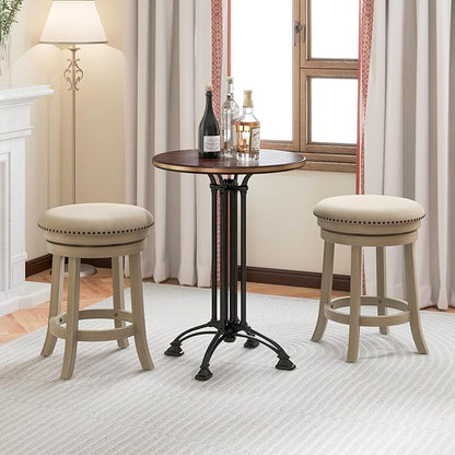 COSTWAY 360° Swivel Bar Stools Set of 2, 24-inch Height Upholstered Round Barstools with Wooden Frame, Seat and Footrest, Backless Solid Wood Counter Stools for Kitchen Island Bistro Pub, Beige