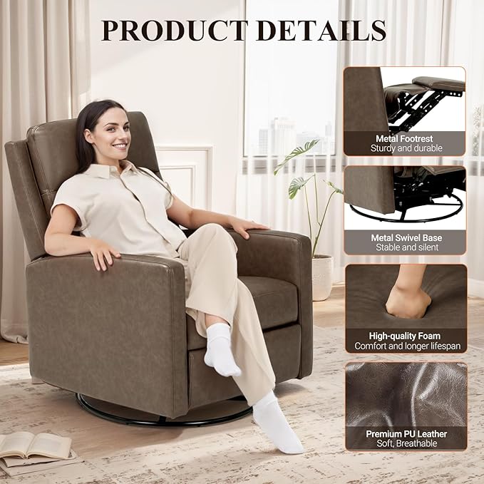 Swivel Rocking Recliner,Wide PU Leather Glider Sofa Chair with Ergonomic High Backrest for Living Room, Bedroom, Office（Warm Gray）