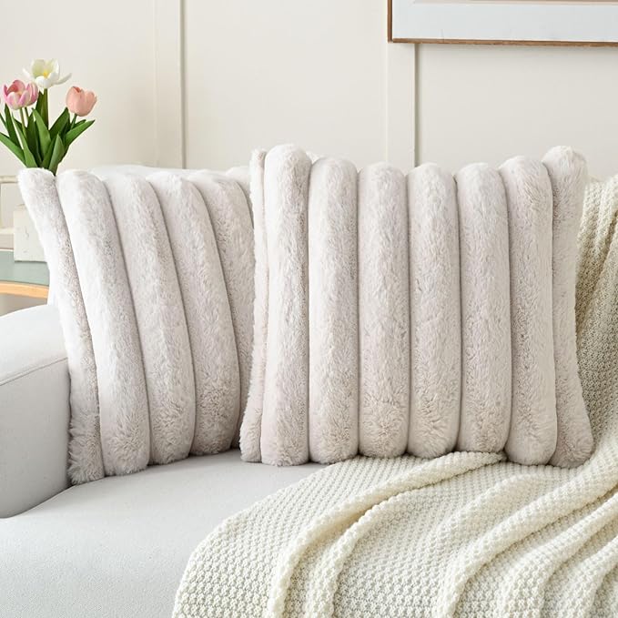 FUTEI Beige Decorative Throw Pillow Covers 26x26 Inch Set of 2, Square Soft Faux Rabbit Fur Thick Striped Euro Pillow Shams,Winter Home Decor for Couch Bed Living Room