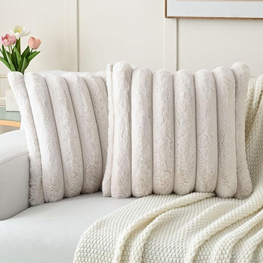 FUTEI Beige Decorative Throw Pillow Covers 22x22 Inch Set of 2, Square Soft Faux Rabbit Fur Thick Striped Cushion Cover,Winter Home Decor for Couch Bed Living Room