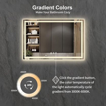 Bathroom Mirror with Lights, 60x40 Inch Gradient Front and Backlit Mirror, 3 Colors Dimmable CRI>90 Double Lights, IP54 Enhanced Anti-Fog, Hanging Plates Wall Mount Lighted Bathroom Mirror