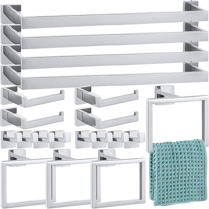 Gisafai 20 Pcs Bathroom Hardware Accessories Set 23.6 Inch Bath Towel Bar Kit Stainless Steel Bathroom Hardware Set Towel Racks Ring Hooks Paper Holder for Wall Mounted (Silver)