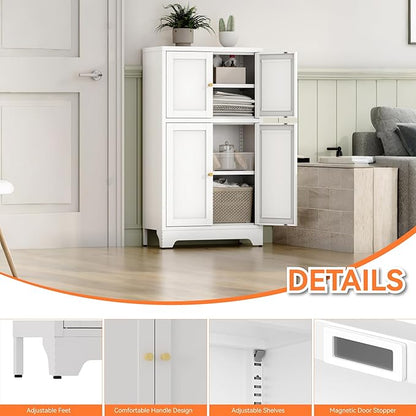 White Bathroom Floor Cabinet, Metal Storage Cabinet with 2 Adjustable Shelves & 4 Doors,Freestanding Sideboard for Dining Room,Living Room, Home Office