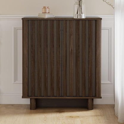 LukeAlon Fluted Sideboard Cabinet with Storage, Mid-Century Modern Accent Buffet Cabinet, 31.5" Height Wooden Small Credenza Cabinets for Living Room Dining Room Entryway Hallway, Walnut Color