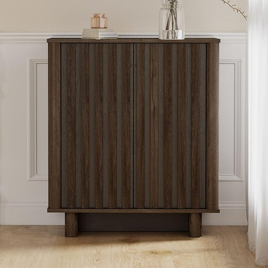 LukeAlon Fluted Sideboard Cabinet with Storage, Mid-Century Modern Accent Buffet Cabinet, 31.5" Height Wooden Small Credenza Cabinets for Living Room Dining Room Entryway Hallway, Walnut Color