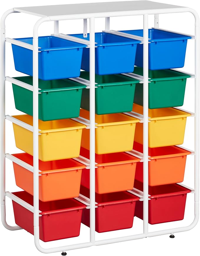 ECR4Kids 5-Tier Storage Rack with 15 Cubby Bins 5x3, Multipurpose Organization, Assorted