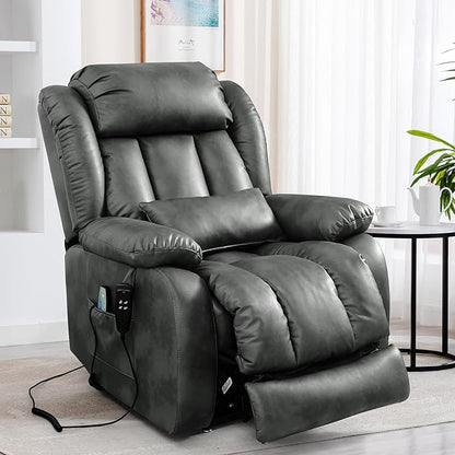 EDILLY Extra Large Power Lift Recliner Chairs for Elderly,Infinite Position Lay Flat Dual Motor Recliners Chair,with Heating and Massage, Breathable Leather,USB Ports and Remote Control(Silver Gray)