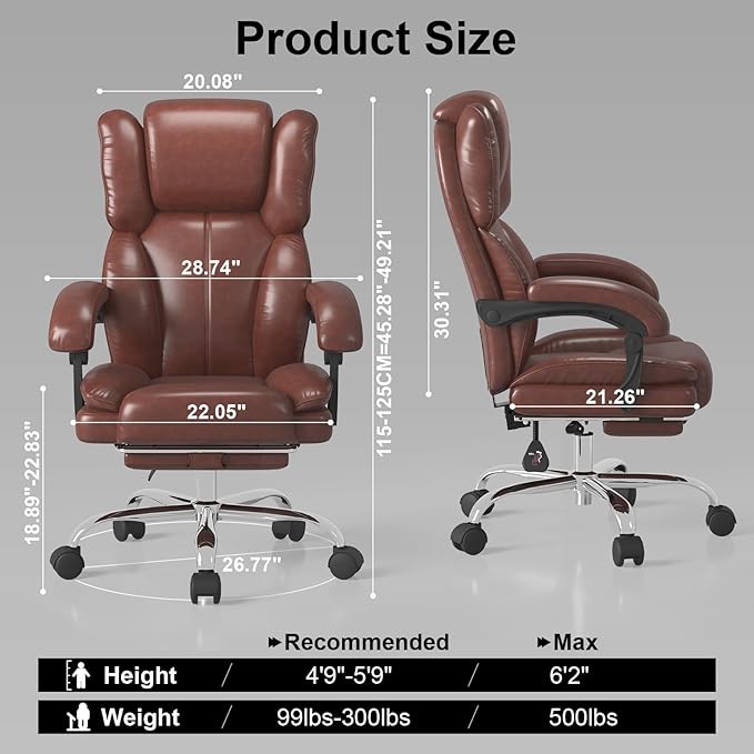 Big and Tall Office Chair, Executive Home Office Desk Chair, Leather Computer Chair with Retractable Footrest, Adjustable Headrest and Reclining Height, Padded Arms, 360°Swivel Free, Wide Seat, Brown