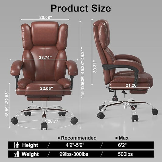 Big and Tall Office Chair, Executive Home Office Desk Chair, Leather Computer Chair with Retractable Footrest, Adjustable Headrest and Reclining Height, Padded Arms, 360°Swivel Free, Wide Seat, Brown