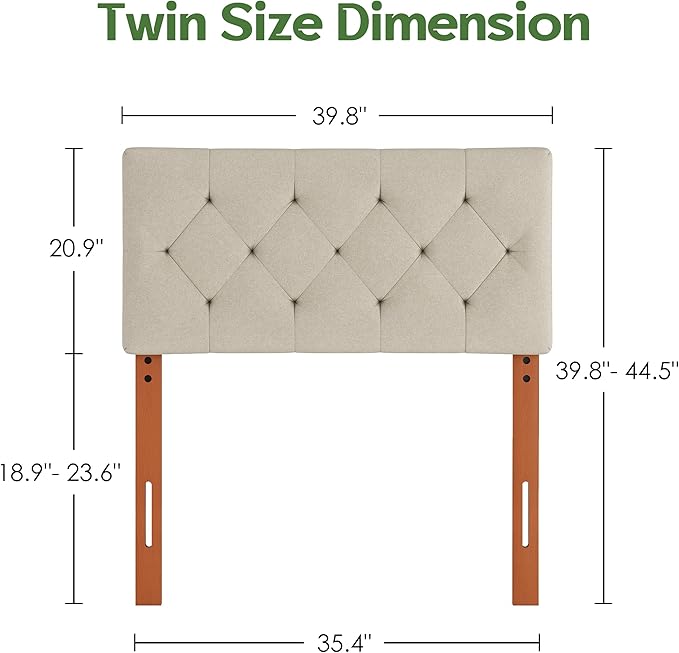 Upholstered Twin Headboard, Twin Headboard Only for Bed Frame from 27”-41”, Adjustable Height Twin XL Headboard with Durable Solid Wood Legs, Fabric Bed Headboard in Modern Button Design, Beige